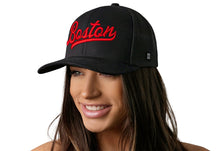 Load image into Gallery viewer, Boston Red Script Trucker Hat | Black Massachusetts Snapback