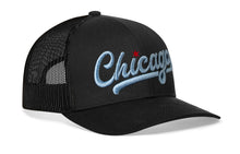 Load image into Gallery viewer, Chicago Light Blue Script Trucker Hat | Black Illinois Snapback