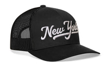 Load image into Gallery viewer, New York City White Script Trucker Hat | Black New York Snapback