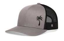 Load image into Gallery viewer, Palm Tree Trucker Hat | Gray-Black Island Snapback