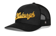 Load image into Gallery viewer, Pittsburgh Gold Script Trucker Hat | Black Pennsylvania Snapback