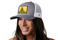 Load image into Gallery viewer, Dont Tread On Me Trucker Hat | Gray-White Gadsden Flag Yellow Snapback