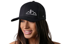 Load image into Gallery viewer, Mountains with Pine Tree Trucker Hat | Black Outdoors Snapback