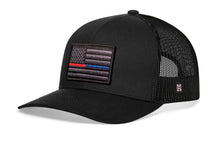 Load image into Gallery viewer, Thin Red and Blue Line Trucker Hat | Black Police And Fire Tactical Snapback