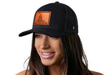 Load image into Gallery viewer, Dont Tread on Me Trucker Hat | Black Gadsden Leather Snapback