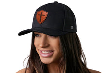Load image into Gallery viewer, Cross Trucker Hat Shield Leather | Black Cross Snapback