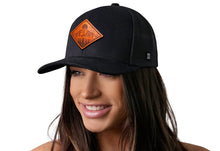 Load image into Gallery viewer, Diamond Mountain and Trees Trucker Hat Leather | Black Outdoors Snapback