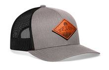 Load image into Gallery viewer, Diamond Mountain and Trees Trucker Hat Leather | Gray-Black Outdoors Snapback