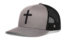 Load image into Gallery viewer, Cross Trucker Hat | Gray-Black bold cross Snapback