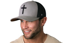 Load image into Gallery viewer, Cross Trucker Hat | Gray-Black bold cross Snapback