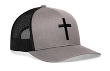 Load image into Gallery viewer, Cross Trucker Hat | Gray-Black bold cross Snapback