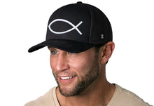 Load image into Gallery viewer, Jesus Fish Trucker Hat | Black bold ichthys Snapback