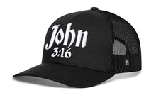 Load image into Gallery viewer, John 3:16 Trucker Hat | Black Christian 3D Puff Snapback