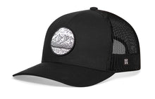 Load image into Gallery viewer, Circle Mountain and Trees Trucker Hat | Black Outdoors Snapback