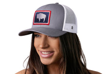 Load image into Gallery viewer, Wyoming Flag Trucker Hat | Gray-White WY Snapback