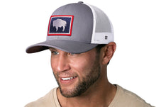 Load image into Gallery viewer, Wyoming Flag Trucker Hat | Gray-White WY Snapback