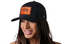 Load image into Gallery viewer, Wyoming Flag Trucker Hat Leather | Black WY Snapback