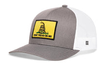 Load image into Gallery viewer, Dont Tread On Me Trucker Hat | Gray-White Gadsden Flag Yellow Snapback