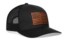 Load image into Gallery viewer, Dont Tread on Me American Flag Trucker Hat | Black Gadsden Leather Snapback