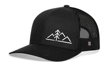 Load image into Gallery viewer, Mountains with Pine Tree Trucker Hat | Black Outdoors Snapback