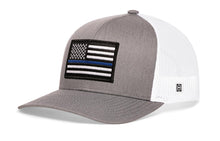 Load image into Gallery viewer, Thin Blue Line Trucker Hat | Gray-White Police Snapback