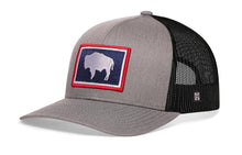 Load image into Gallery viewer, Wyoming Flag Trucker Hat | Gray-Black WY Snapback