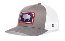 Load image into Gallery viewer, Wyoming Flag Trucker Hat | Gray-White WY Snapback