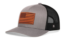 Load image into Gallery viewer, American Flag Trucker Hat Leather  |  Gray-Black USA Snapback
