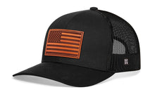 Load image into Gallery viewer, American Flag Trucker Hat Leather  |  Black USA Snapback
