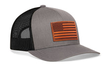 Load image into Gallery viewer, American Flag Trucker Hat Leather  |  Gray-Black USA Snapback
