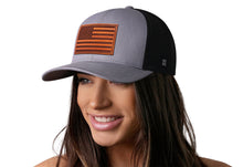 Load image into Gallery viewer, American Flag Trucker Hat Leather  |  Gray-Black USA Snapback
