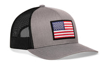 Load image into Gallery viewer, American Flag Trucker Hat  |  Gray-Black USA Snapback
