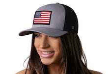 Load image into Gallery viewer, American Flag Trucker Hat  |  Gray-Black USA Snapback
