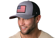 Load image into Gallery viewer, American Flag Trucker Hat  |  Gray-Black USA Snapback
