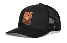 Load image into Gallery viewer, Arizona Flag Trucker Hat Leather  |  Black Arizona Flag Snapback
