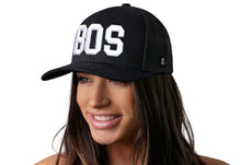 Load image into Gallery viewer, Boston White Block Trucker Hat  |  Black Massachusetts Snapback

