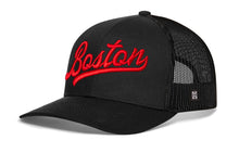 Load image into Gallery viewer, Boston Red Script Trucker Hat  |  Black Massachusetts Snapback

