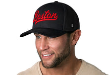 Load image into Gallery viewer, Boston Red Script Trucker Hat  |  Black Massachusetts Snapback
