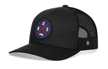 Load image into Gallery viewer, Boston Trucker Hat  |  Navy-Red BOS X  |  Black Snapback
