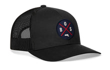 Load image into Gallery viewer, Boston Trucker Hat  |  Navy-Red BOS X  |  Black Snapback
