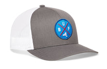 Load image into Gallery viewer, Buffalo Trucker Hat  |  Blue Red BUF X  |  Gray-White Snapback
