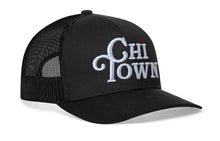 Load image into Gallery viewer, Chi Town White Script Trucker Hat  |  Black Illinois Snapback
