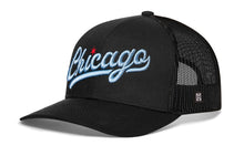 Load image into Gallery viewer, Chicago Light Blue Script Trucker Hat  |  Black Illinois Snapback
