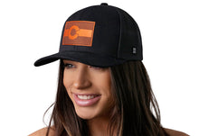 Load image into Gallery viewer, Colorado Flag Trucker Hat Leather  |  Black CO Snapback
