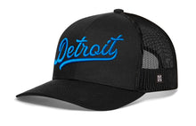 Load image into Gallery viewer, Detroit Blue Script Trucker Hat  |  Black Michigan Snapback
