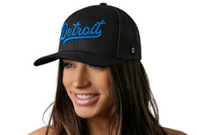 Load image into Gallery viewer, Detroit Blue Script Trucker Hat  |  Black Michigan Snapback
