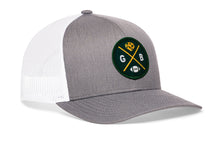 Load image into Gallery viewer, Green Bay Trucker Hat  |  Gray-White GB Cheese X Football Snapback
