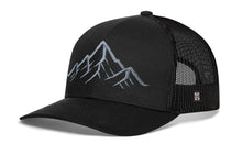 Load image into Gallery viewer, Mountain Range Trucker Hat  |  Black Outdoors Snapback
