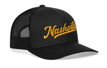 Load image into Gallery viewer, Nashville Gold Script Trucker Hat  |  Black Tennessee Snapback
