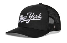 Load image into Gallery viewer, New York City White Script Trucker Hat  |  Black New York Snapback
